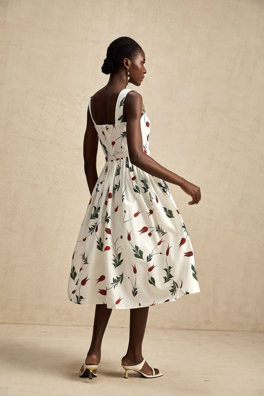 Naomi White Floral Midi Dress Poplin Fabric Wide Straps Belted Waist Square Neck Sleeveless All-Over Floral Print Pleat Detailing Rear Zip Fastening 97% Cotton 3% Elastane
