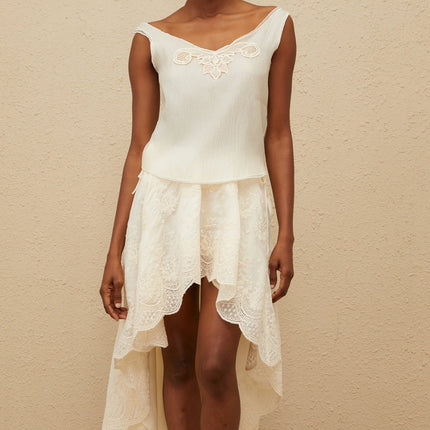 Naomi Neutrals Top Skirt Set Lace Trim V-Neckline Scalloped Hem High-Rise Maxi Length