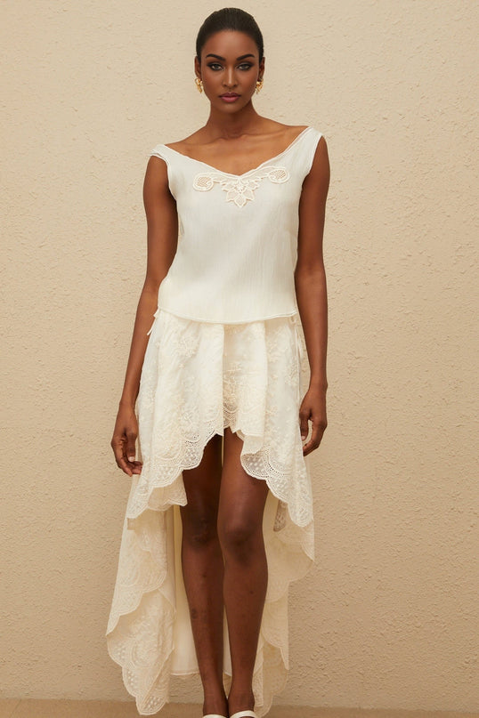 Naomi Neutrals Top Skirt Set Lace Trim V-Neckline Scalloped Hem High-Rise Maxi Length