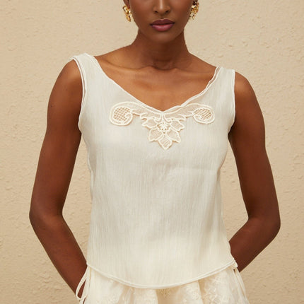 Naomi Neutrals Top Skirt Set V-neckline scalloped hem lace trim high-rise intricate detailing maxi length