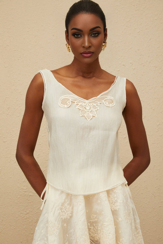 Naomi Neutrals Top Skirt Set V-neckline scalloped hem lace trim high-rise intricate detailing maxi length