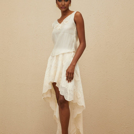 Naomi Neutrals Top Skirt Set Lace Trim Scalloped Hem V-Neckline