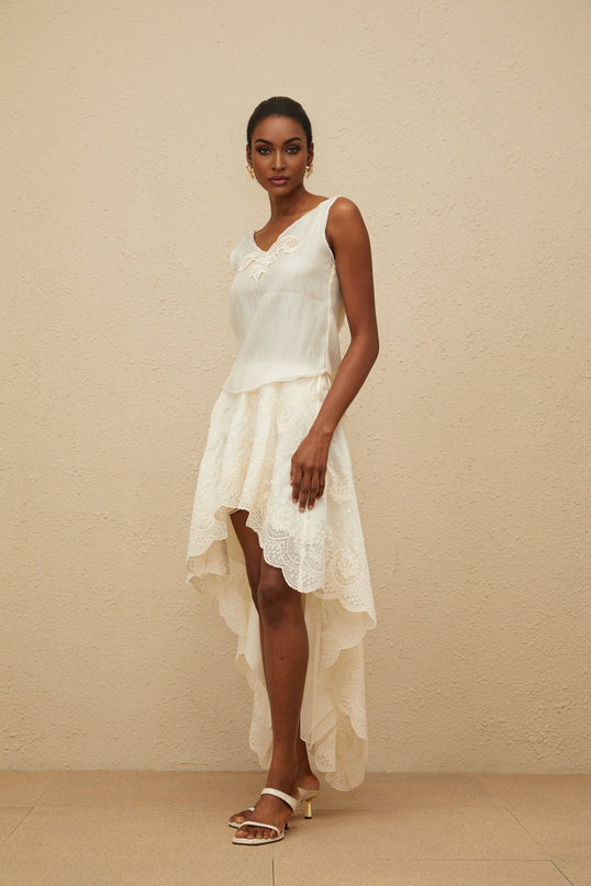 Naomi Neutrals Top Skirt Set Lace Trim Scalloped Hem V-Neckline