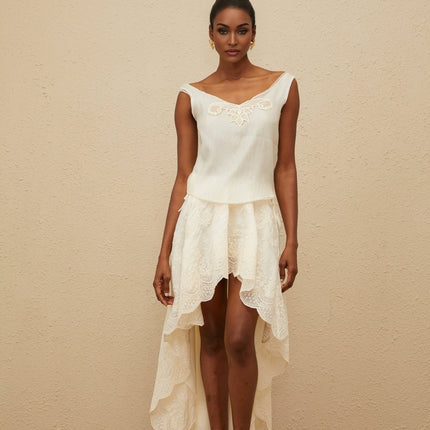 Naomi Neutrals Top Skirt Set Lace Trim Scalloped Hem V-Neckline High-Rise Maxi Length