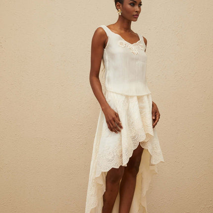 Naomi Neutrals Top Skirt Set V-Neckline Scalloped Hem Lace Trim High-Rise Maxi Length