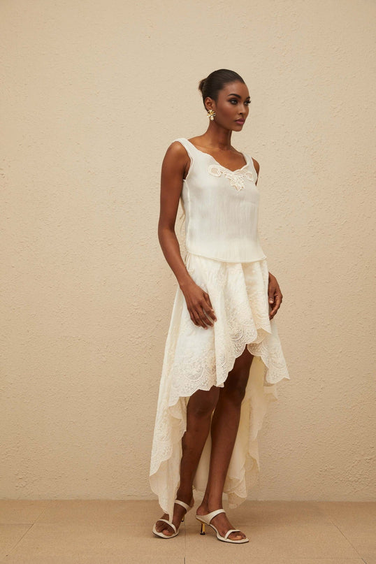 Naomi Neutrals Top Skirt Set V-Neckline Scalloped Hem Lace Trim High-Rise Maxi Length