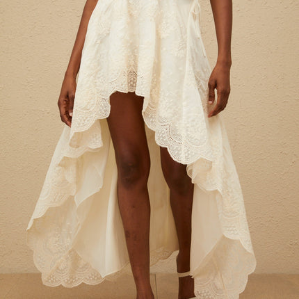 Naomi Neutrals Top Skirt Set Lace Trim Scalloped Hem V-Neckline High-Rise Maxi Length