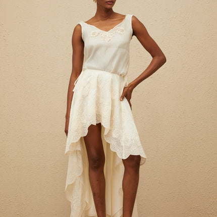 Naomi Neutrals Top Skirt Set Lace Trim Scalloped Hem V-Neckline High-Rise Maxi Length