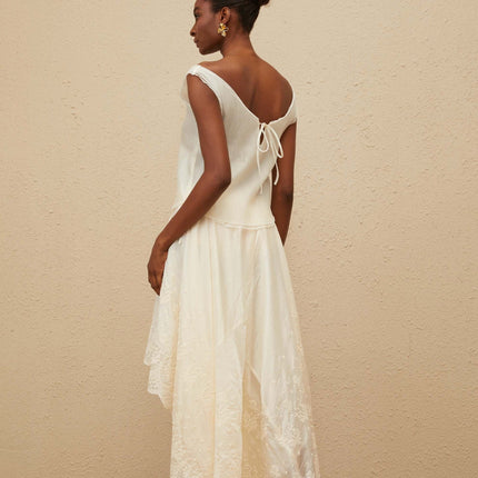 Naomi Neutrals Top Skirt Set V-Neckline Scalloped Hem Lace Trim High-Rise Maxi Length