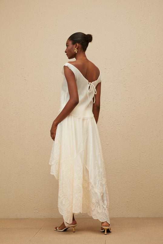 Naomi Neutrals Top Skirt Set V-Neckline Scalloped Hem Lace Trim High-Rise Maxi Length