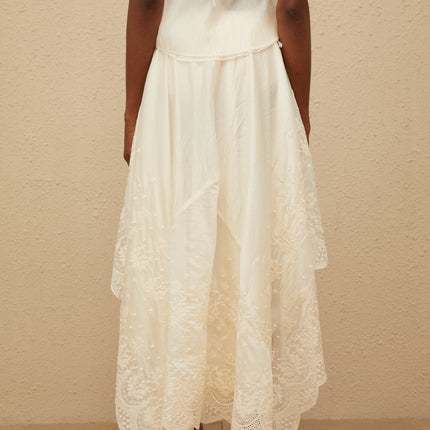 Naomi Neutrals Top Skirt Set Lace Trim Scalloped Hem V-Neckline High-Rise Maxi Length