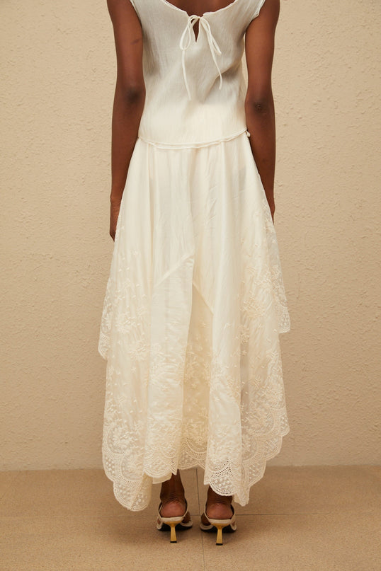 Naomi Neutrals Top Skirt Set Lace Trim Scalloped Hem V-Neckline High-Rise Maxi Length