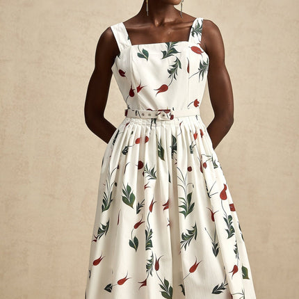 Naomi White Floral Midi Dress Poplin Fabric Wide Straps Square Neck Sleeveless All-Over Print Pleat Detailing Rear Zip Fastening Cotton Elastane
