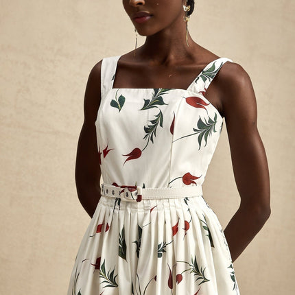 Naomi White Floral Midi Dress Poplin Fabric Wide Straps Square Neck Sleeveless Floral Print Pleat Detailing Rear Zip Fastening Cotton Elastane