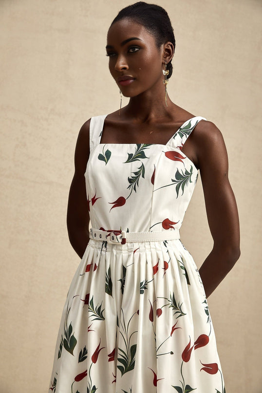 Naomi White Floral Midi Dress Poplin Fabric Wide Straps Square Neck Sleeveless Floral Print Pleat Detailing Rear Zip Fastening Cotton Elastane