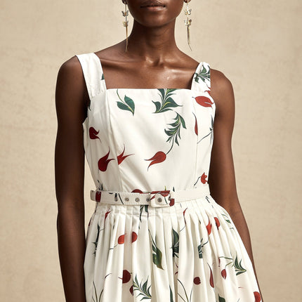 Naomi White Floral Midi Dress Poplin Fabric Wide Straps Square Neck Sleeveless Floral Print Pleat Detailing Rear Zip Fastening Cotton Elastane