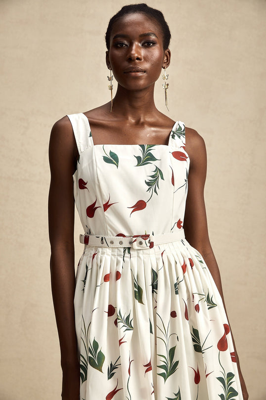 Naomi White Floral Midi Dress Poplin Fabric Wide Straps Square Neck Sleeveless Floral Print Pleat Detailing Rear Zip Fastening Cotton Elastane