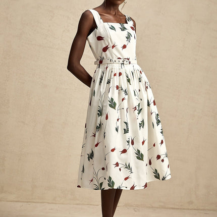 Naomi White Floral Midi Dress Poplin Fabric Wide Straps Belted Waist Square Neck Sleeveless Exquisite Floral Print Pleat Detailing Rear Zip Fastening 97% Cotton 3% Elastane