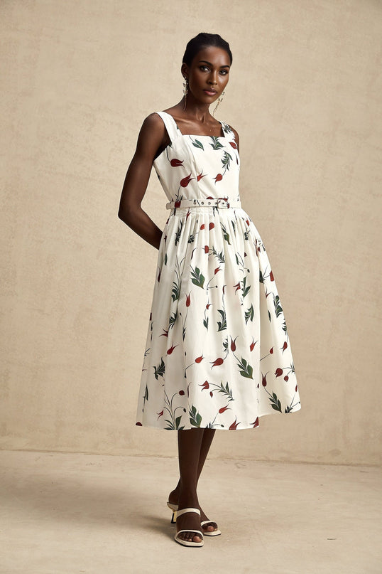 Naomi White Floral Midi Dress Poplin Fabric Wide Straps Belted Waist Square Neck Sleeveless Exquisite Floral Print Pleat Detailing Rear Zip Fastening 97% Cotton 3% Elastane
