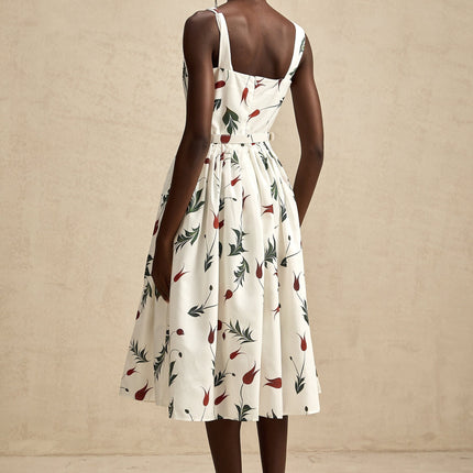 Naomi White Floral Midi Dress in Poplin Fabric with Wide Straps and Belted Waist