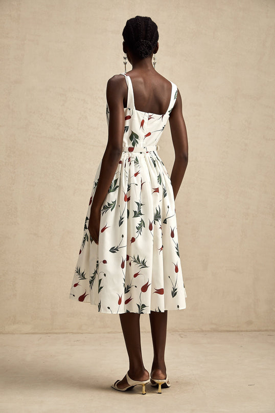Naomi White Floral Midi Dress in Poplin Fabric with Wide Straps and Belted Waist