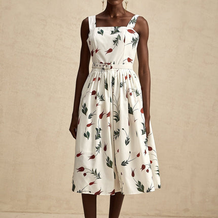 Naomi White Floral Midi Dress in Poplin Fabric with Wide Straps and Belted Waist