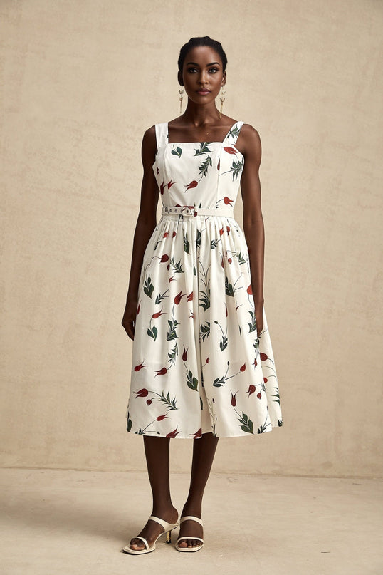 Naomi White Floral Midi Dress in Poplin Fabric with Wide Straps and Belted Waist