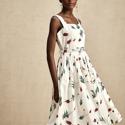 Naomi White Floral Midi Dress Poplin Fabric Wide Straps Belted Waist Square Neck Sleeveless Floral Print Pleat Detailing Rear Zip Fastening Cotton Elastane Luxury
