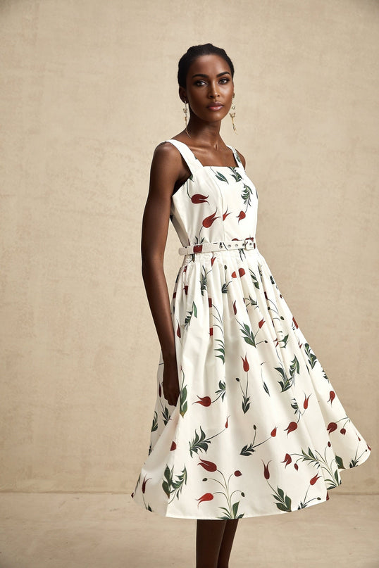 Naomi White Floral Midi Dress Poplin Fabric Wide Straps Belted Waist Square Neck Sleeveless Floral Print Pleat Detailing Rear Zip Fastening Cotton Elastane Luxury