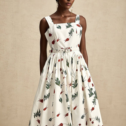 Naomi White Floral Midi Dress Poplin Fabric Wide Straps Belted Waist Sleeveless Square Neck All-Over Floral Print Pleat Detailing Rear Zip Fastening 97% Cotton 3% Elastane