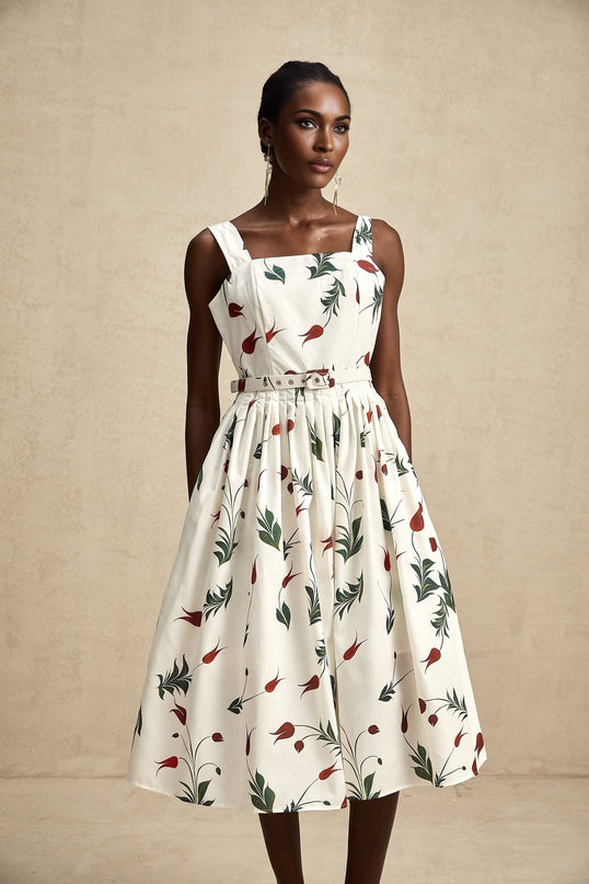 Naomi White Floral Midi Dress Poplin Fabric Wide Straps Belted Waist Sleeveless Square Neck All-Over Floral Print Pleat Detailing Rear Zip Fastening 97% Cotton 3% Elastane