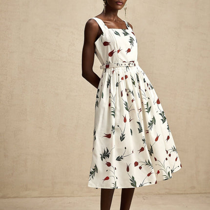 Naomi White Floral Midi Dress Poplin Fabric Wide Straps Belted Waist Square Neck Sleeveless All-Over Floral Print Pleat Detailing Rear Zip Fastening 97% Cotton 3% Elastane