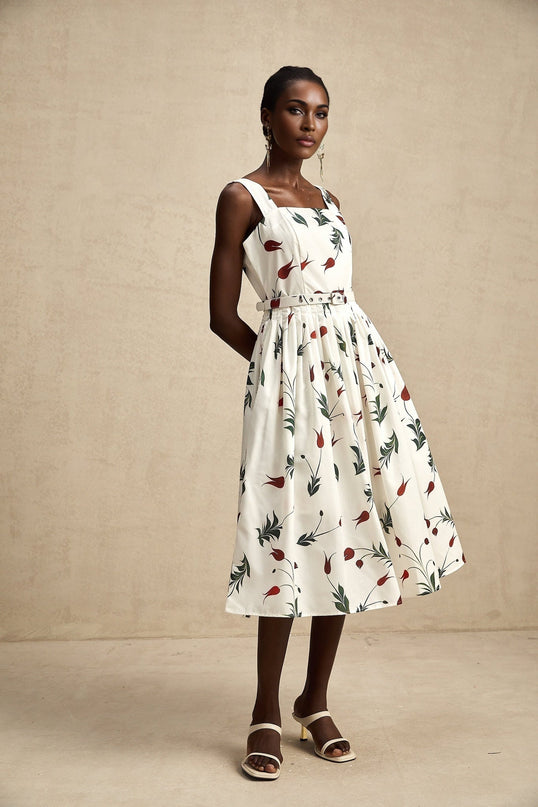 Naomi White Floral Midi Dress Poplin Fabric Wide Straps Belted Waist Square Neck Sleeveless All-Over Floral Print Pleat Detailing Rear Zip Fastening 97% Cotton 3% Elastane