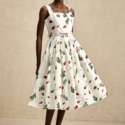Naomi White Floral Midi Dress Poplin Fabric Wide Straps Square Neck Sleeveless Floral Print Pleat Detailing Rear Zip Fastening