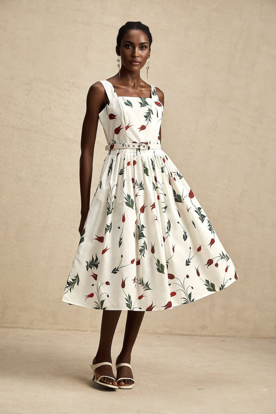 Naomi White Floral Midi Dress Poplin Fabric Wide Straps Square Neck Sleeveless Floral Print Pleat Detailing Rear Zip Fastening