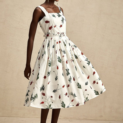 Naomi White Floral Midi Dress poplin fabric wide straps belted waist square neck sleeveless all-over floral print pleat detailing rear zip fastening 97% Cotton 3% Elastane luxury wear