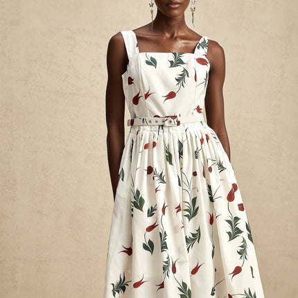 Naomi White Floral Midi Dress Poplin Fabric Wide Straps Square Neck Sleeveless All-Over Print Pleat Detailing Rear Zip Fastening Cotton Elastane