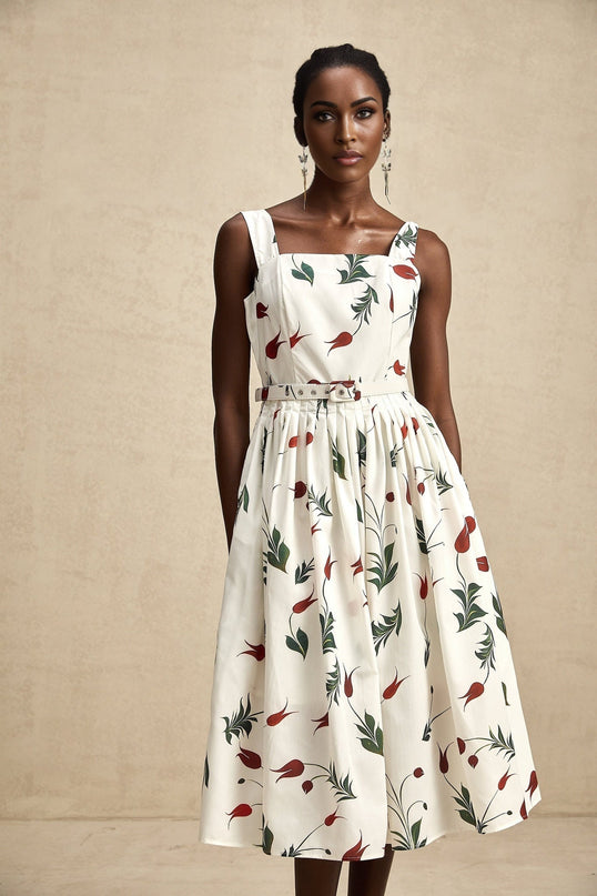 Naomi White Floral Midi Dress Poplin Fabric Wide Straps Square Neck Sleeveless All-Over Print Pleat Detailing Rear Zip Fastening Cotton Elastane