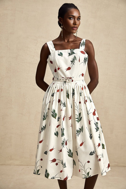 Naomi White Floral Midi Dress Poplin Fabric Wide Straps Belted Waist Square Neck Sleeveless All-Over Floral Print Pleat Detailing Rear Zip Fastening Cotton Elastane Luxury