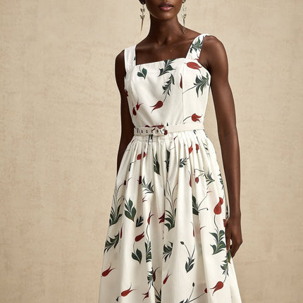 Naomi White Floral Midi Dress Poplin Fabric Wide Straps Belted Waist Square Neck Sleeveless All-Over Print Pleat Detailing Rear Zip Fastening Cotton Elastane