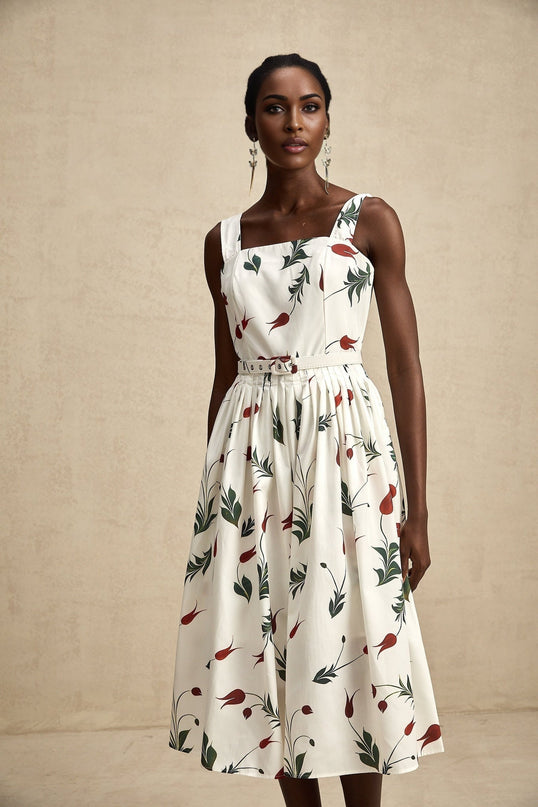 Naomi White Floral Midi Dress Poplin Fabric Wide Straps Belted Waist Square Neck Sleeveless All-Over Print Pleat Detailing Rear Zip Fastening Cotton Elastane