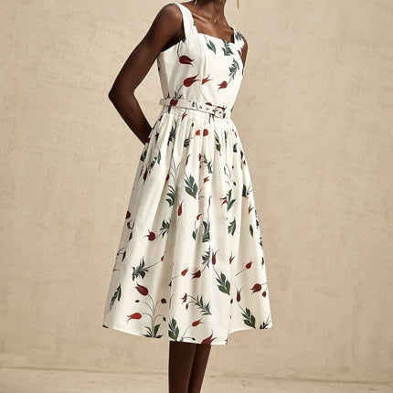 Naomi White Floral Midi Dress Poplin Fabric Wide Straps Belted Waist Square Neck Sleeveless All Over Print Pleat Detailing Rear Zip Fastening 97 Cotton 3 Elastane
