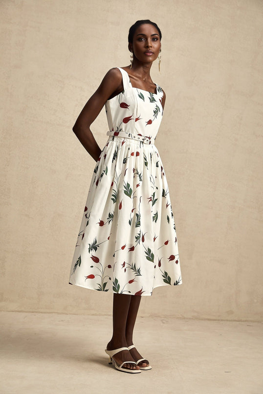 Naomi White Floral Midi Dress Poplin Fabric Wide Straps Belted Waist Square Neck Sleeveless All Over Print Pleat Detailing Rear Zip Fastening 97 Cotton 3 Elastane