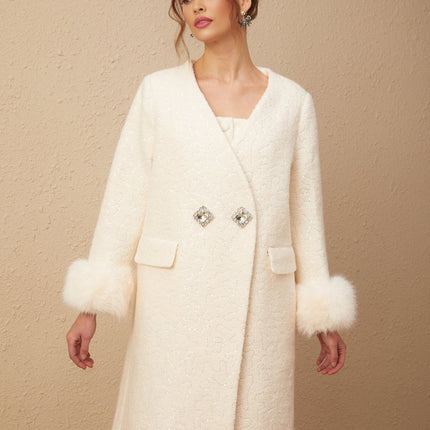 Naomi White Fur Embellished Wool Coat