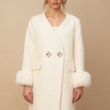 Naomi White Wool Blend Coat with Fur and Crystal Embellishments