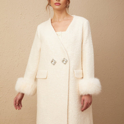 Naomi White Wool Blend Fur Coat with Crystal Embellishments