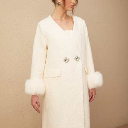Naomi White Wool Blend Fur Coat with Crystal Embellishments and Button Detailing