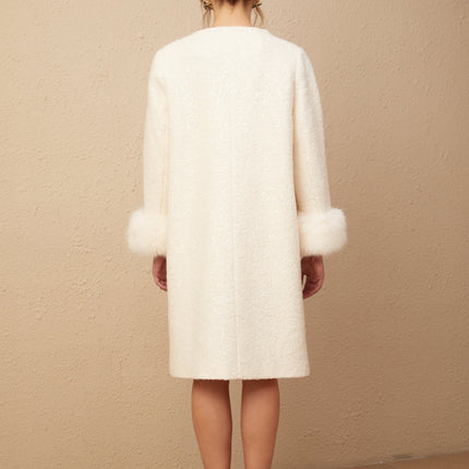 Naomi White Wool Coat with Fur and Crystal Embellishments