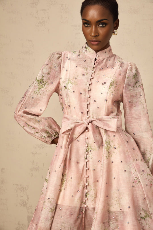 Narcisse pink embellished floralprint mini dress