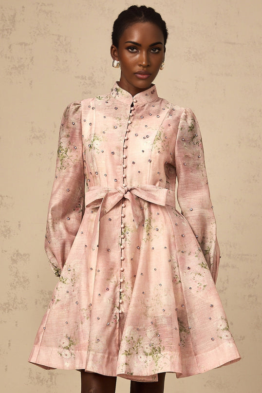 Narcisse pink embellished floralprint mini dress